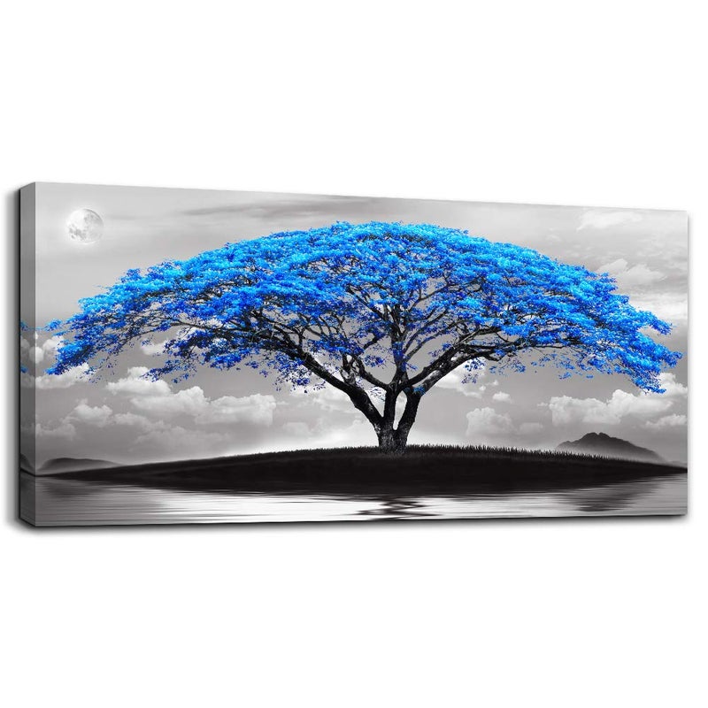 TTHYUEWS canvas wall art for living room bathroom Wall Decor Black and white landscape Blue tree moon painting to Hang Home Decorations for office bedroom kitchen Works canvas Prints pictures 24" x 48"inch - Image 1